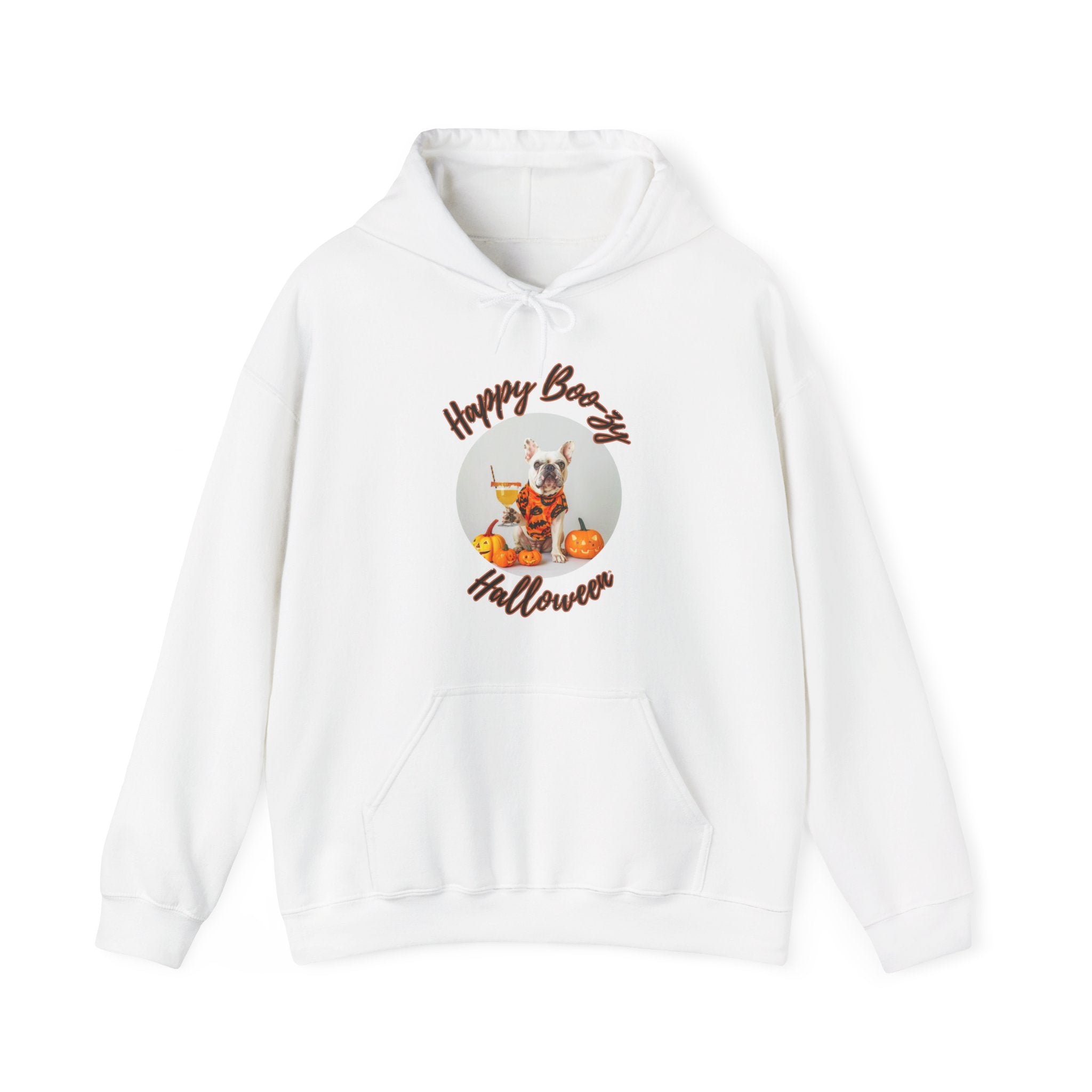 "Happy Boo-zy Halloween" Halloween Bulldog Hoodie (White/French)