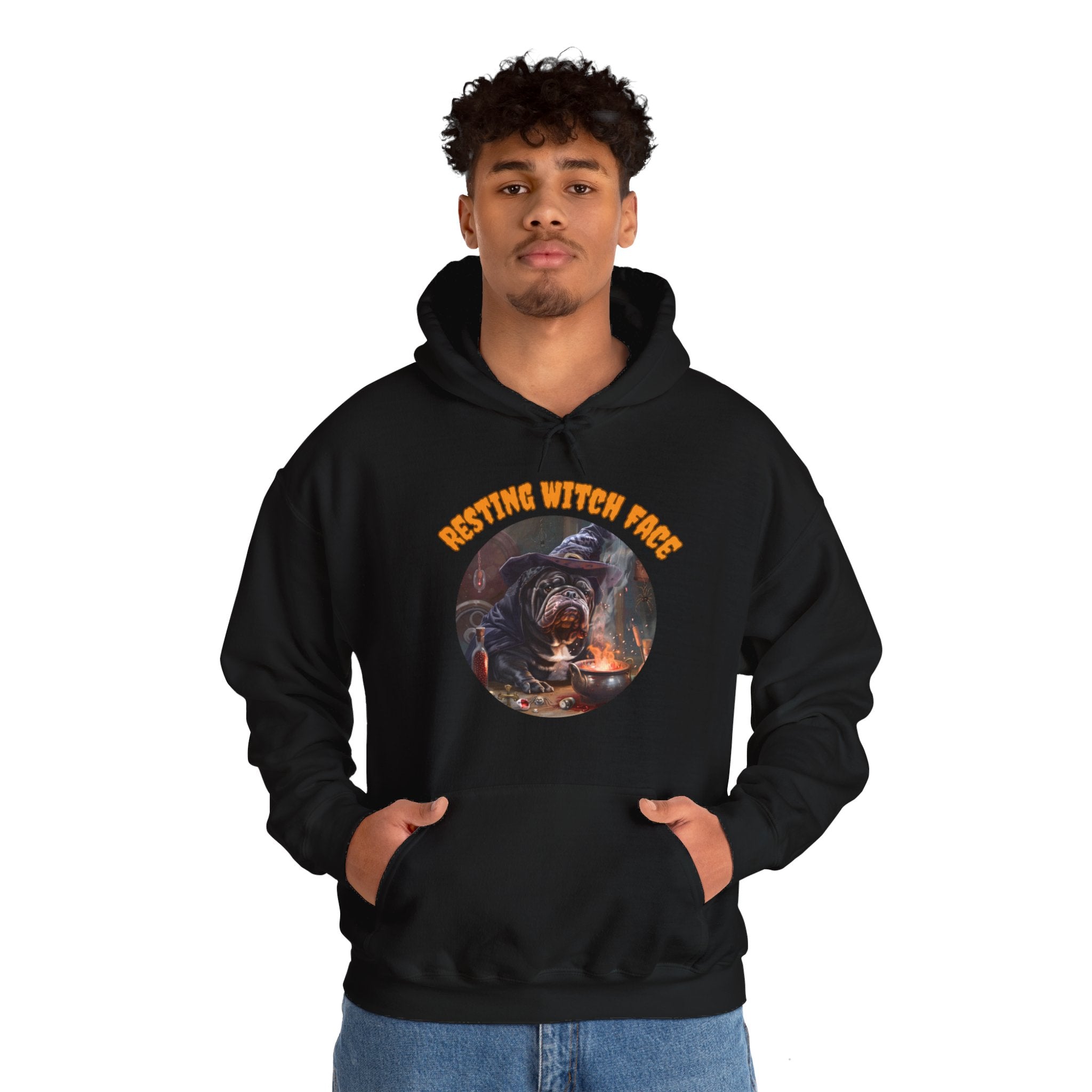 "Resting Witch Face" Halloween Bulldog Hoodie (Black/English)