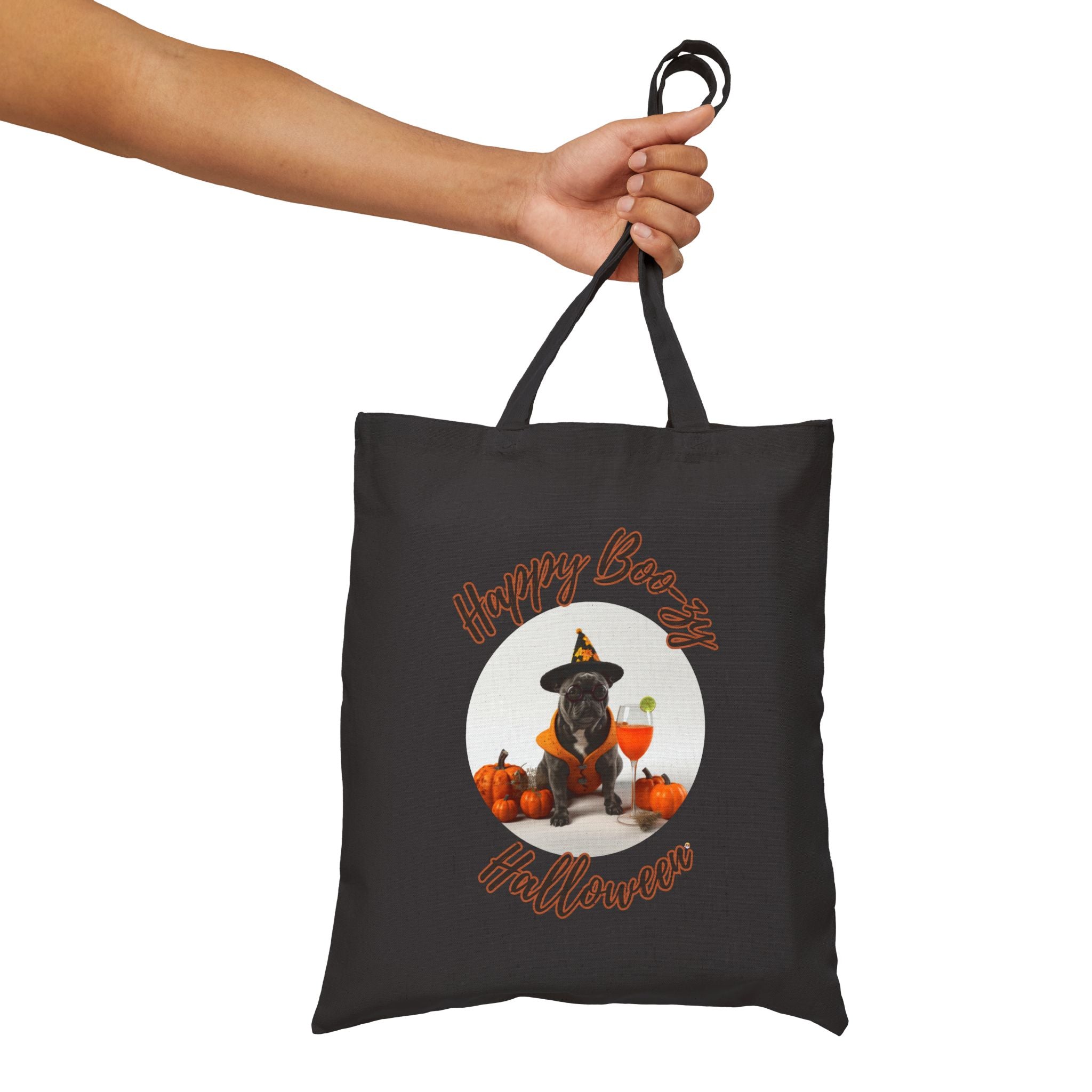 "Happy Boo-zy Halloween" Trick or Treat Canvas Tote Bag (Black/French)