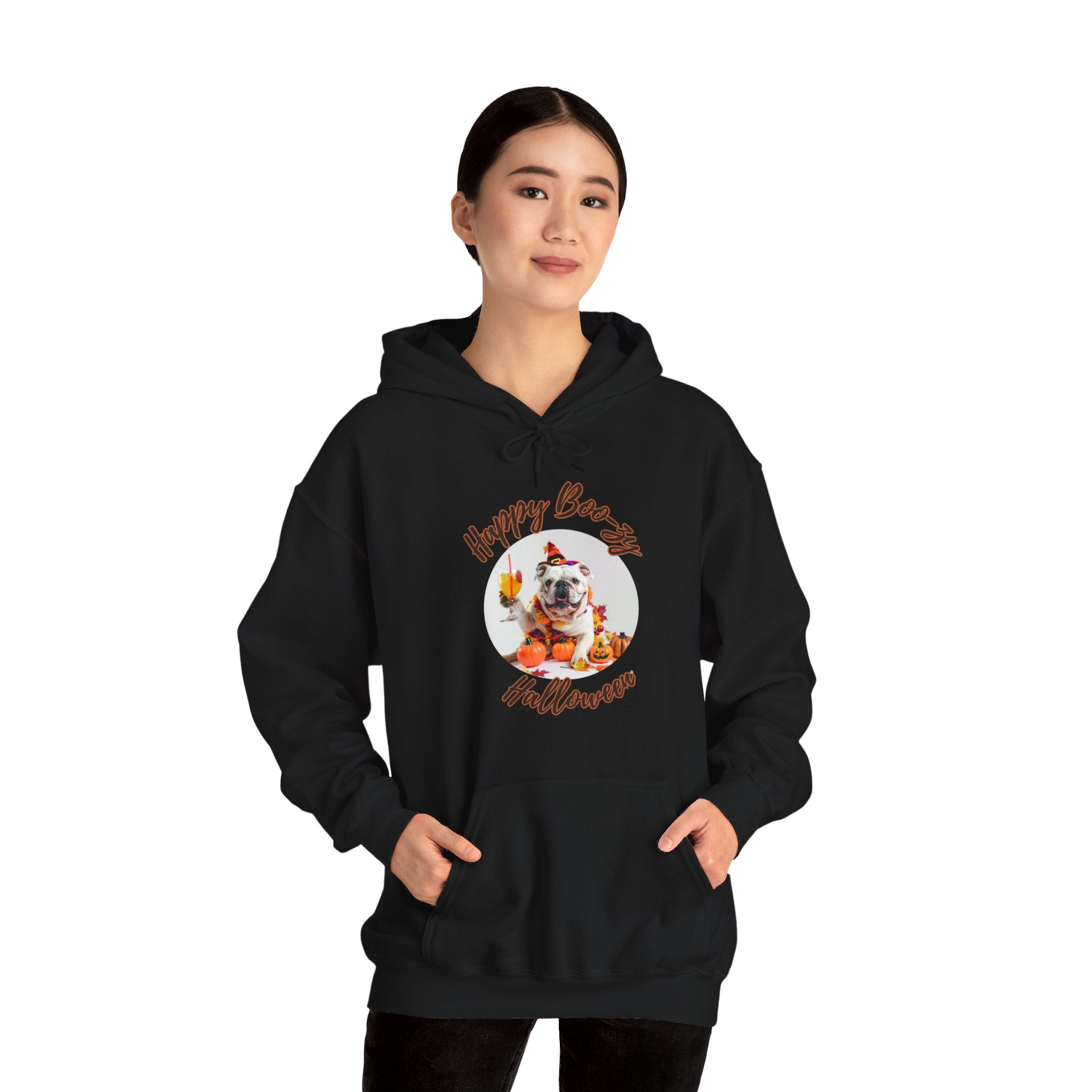 "Happy Boo-zy Halloween" Halloween Bulldog Hoodie (White/English)