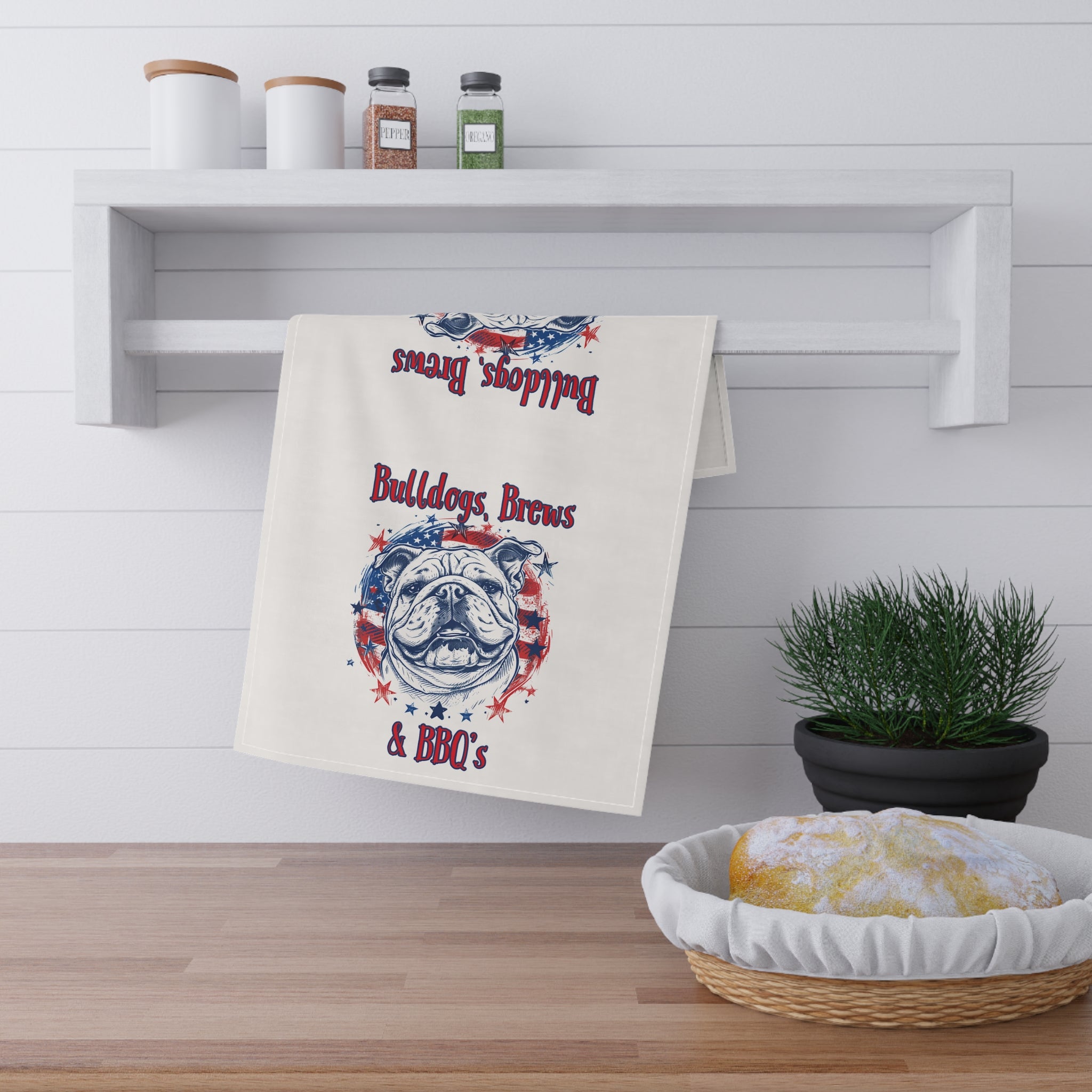 Bulldogs, Brews & BBQs 4th of July Kitchen Towel | Patriotic Bulldog Tea Towel (English)