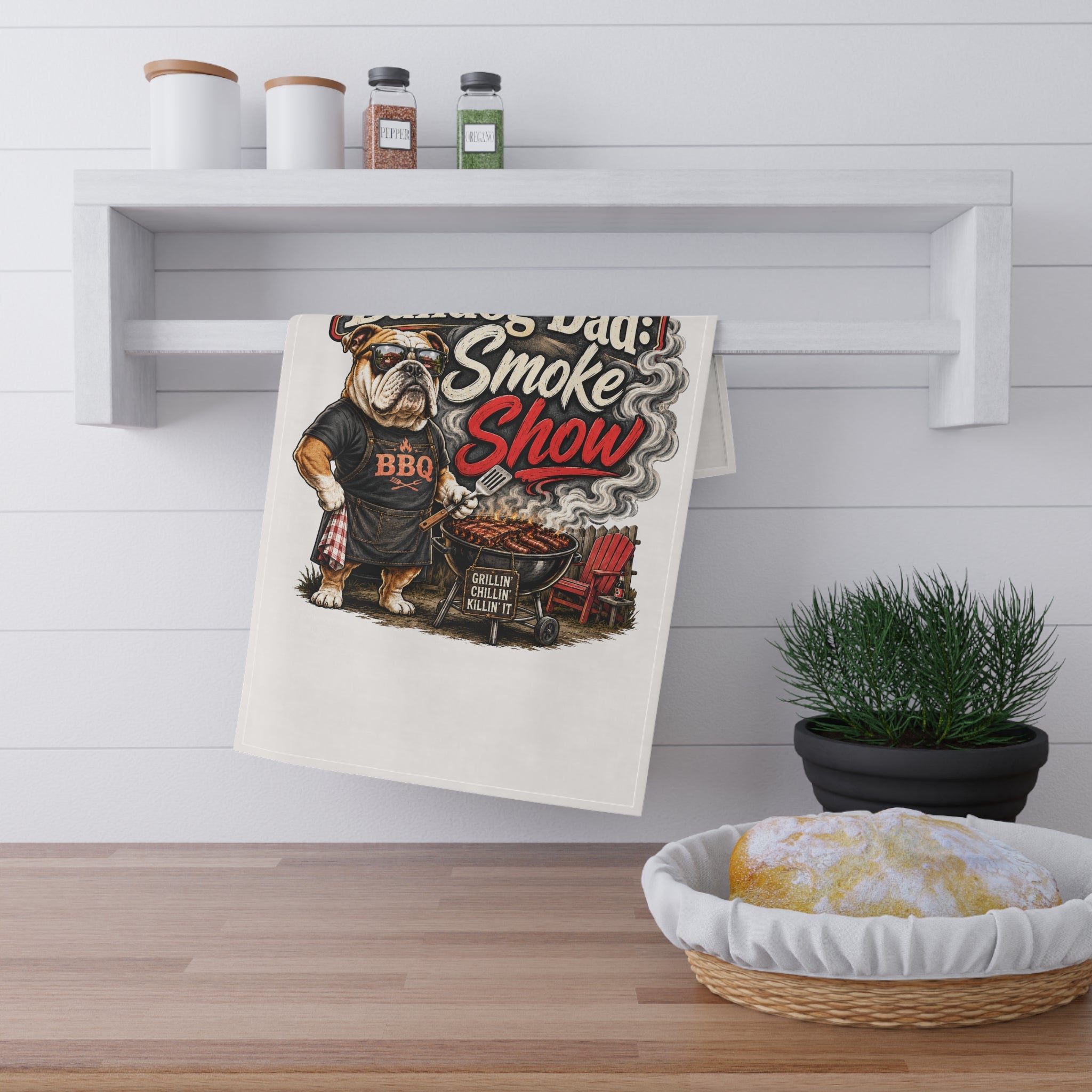 Bulldog Dad BBQ Tea Towel — "Smoke Show" Cotton Kitchen Towel (English)