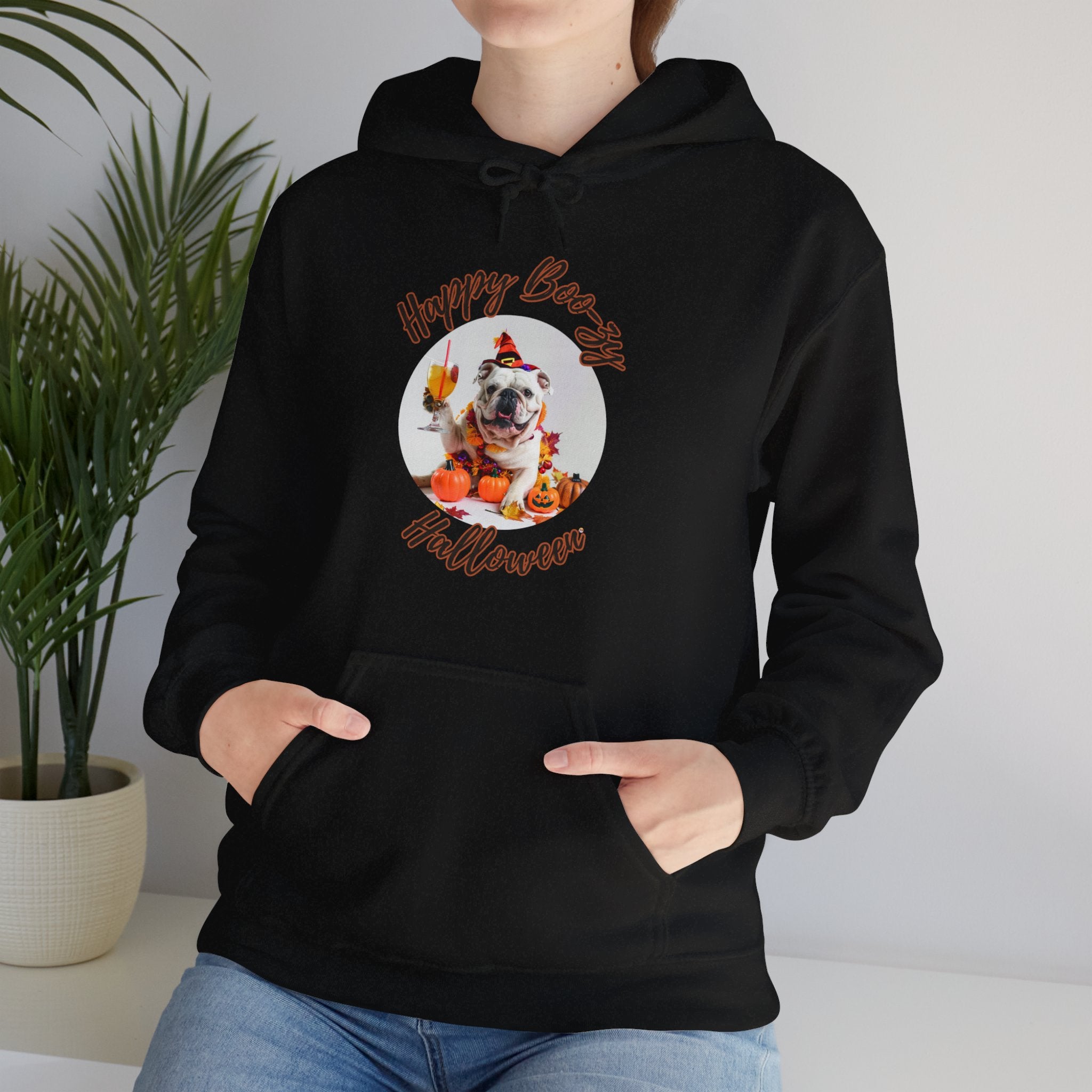 "Happy Boo-zy Halloween" Halloween Bulldog Hoodie (White/English)