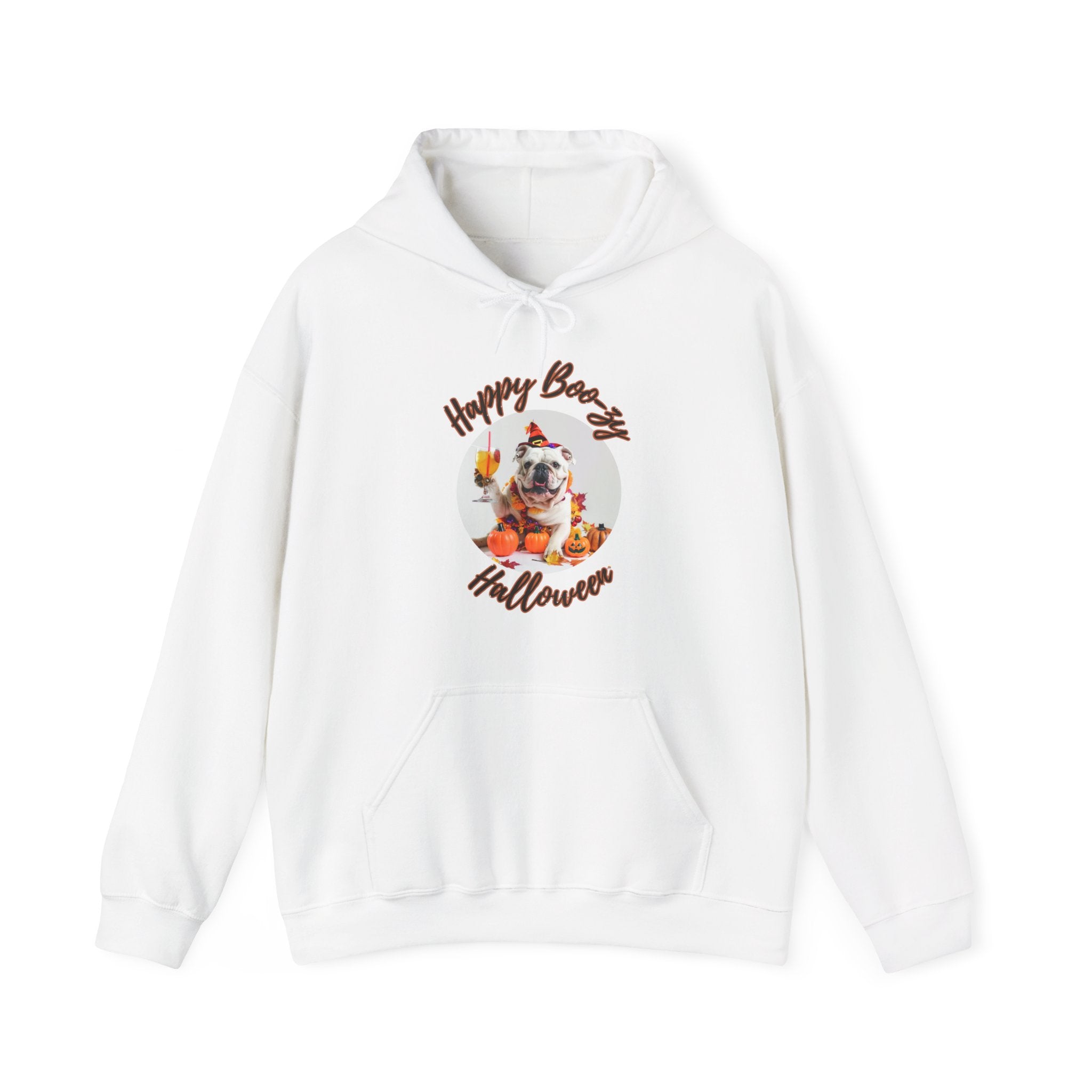 "Happy Boo-zy Halloween" Halloween Bulldog Hoodie (White/English)