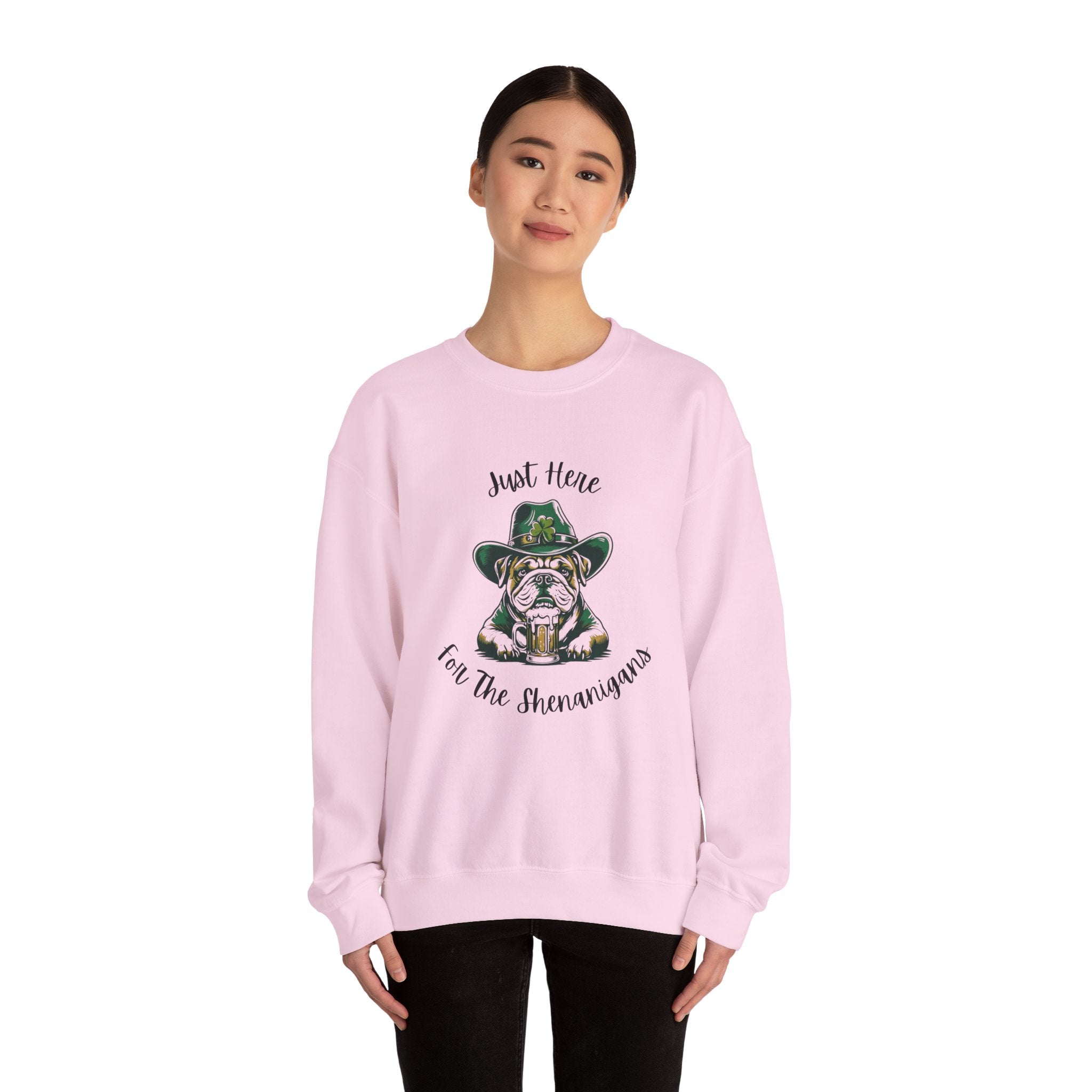 Tipsy Bully St. Patrick's Day Sweatshirt: "Just Here for the Shenanigans" (English)