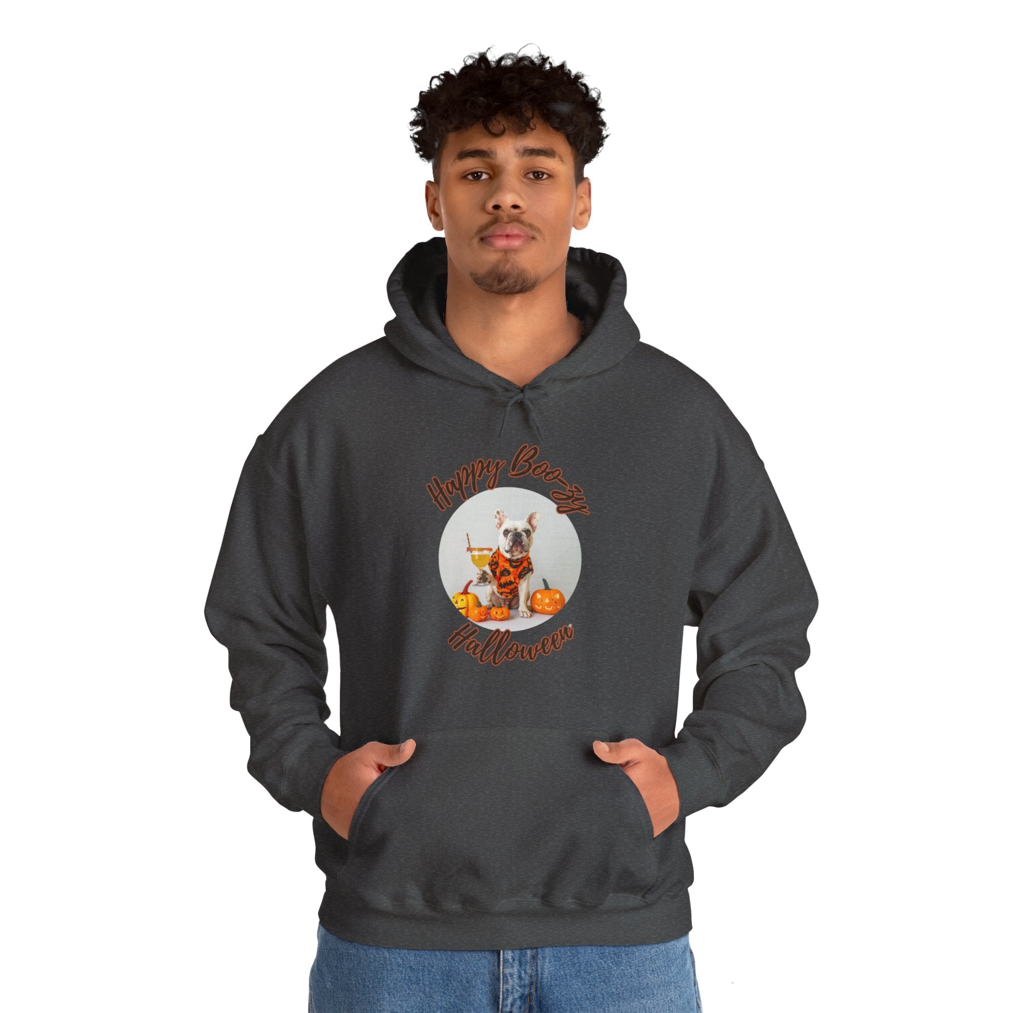 "Happy Boo-zy Halloween" Halloween Bulldog Hoodie (White/French)