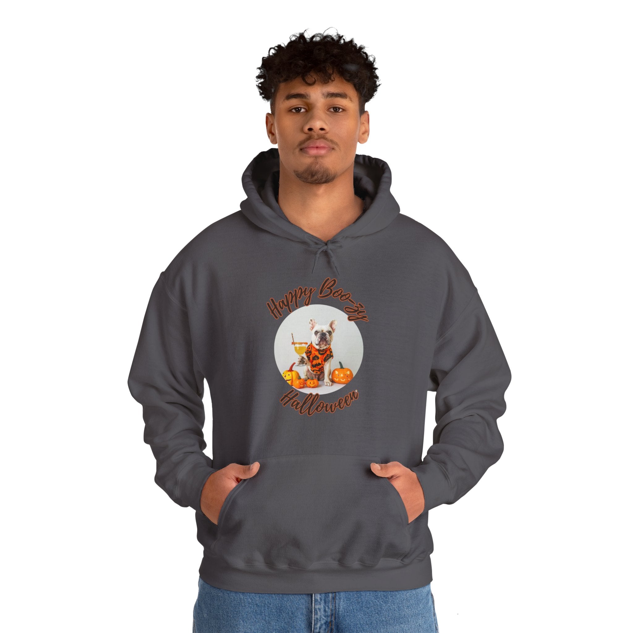 "Happy Boo-zy Halloween" Halloween Bulldog Hoodie (White/French)