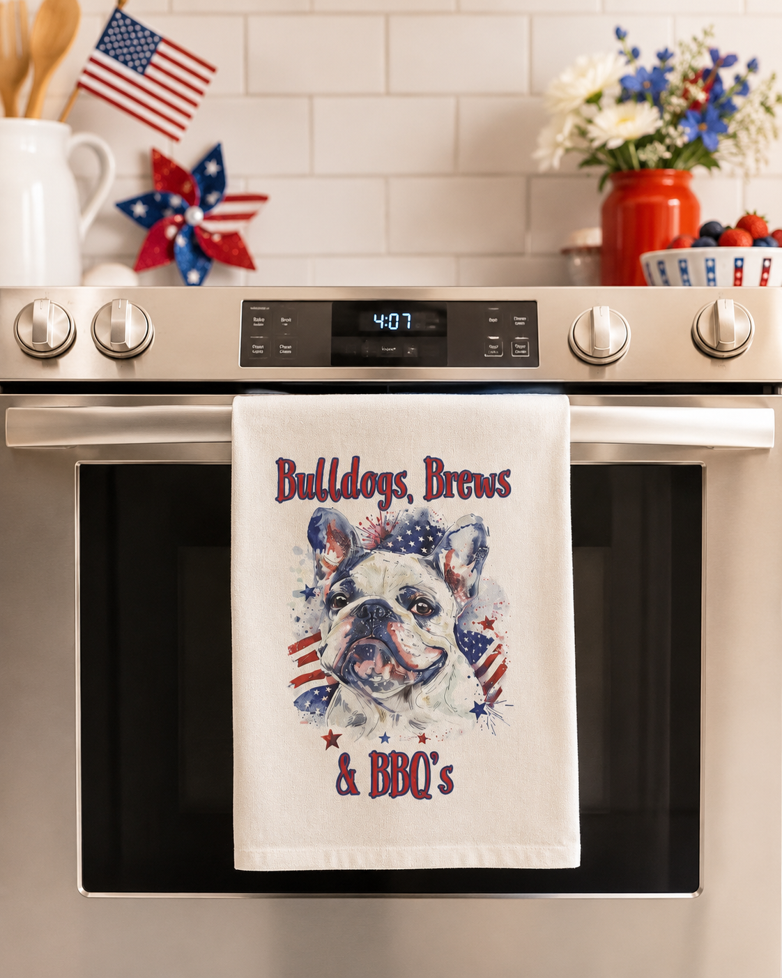 Bulldogs, Brews & BBQs 4th of July Kitchen Towel | Patriotic Bulldog Tea Towel (French)