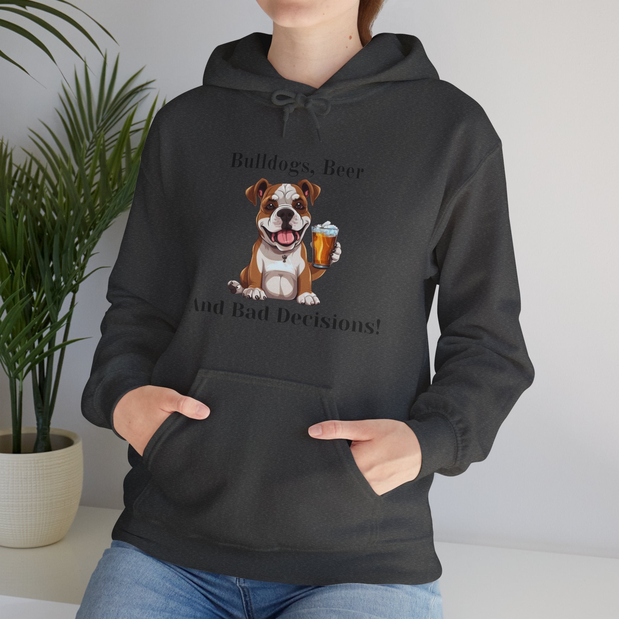 Bulldogs, Beer, and Bad Decisions" Hoodie - Your Go-To Gear for Mischievous Times! (American/White)