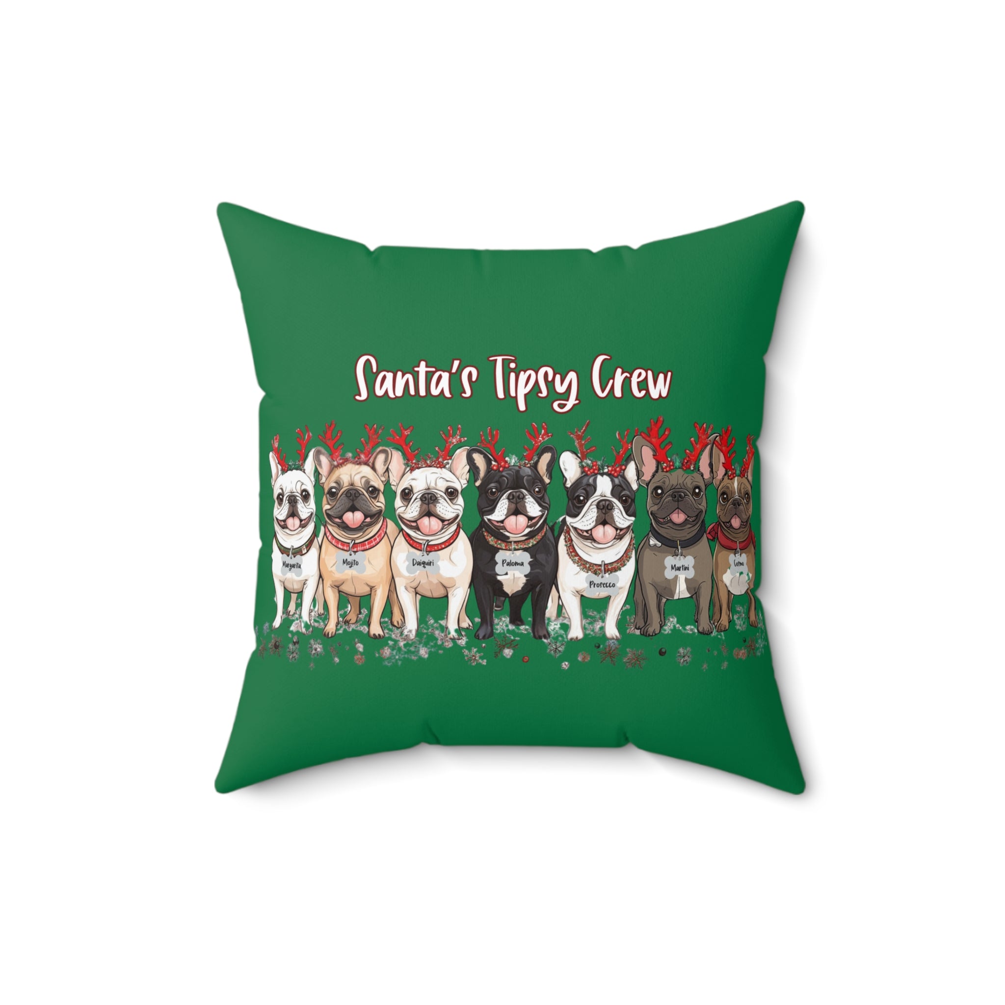 “Santa’s Tipsy Crew” Christmas pillow (Green/French)