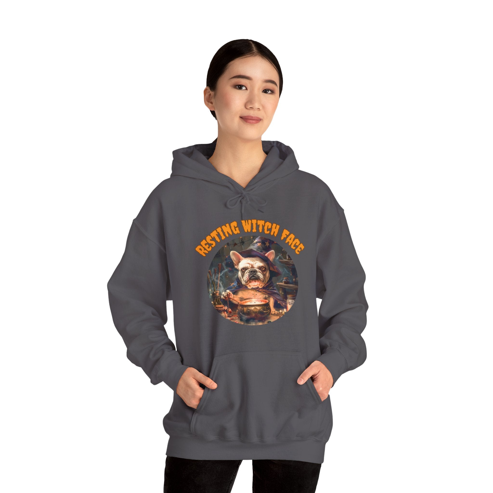 "Resting Witch Face" Halloween Bulldog Hoodie (White/French)