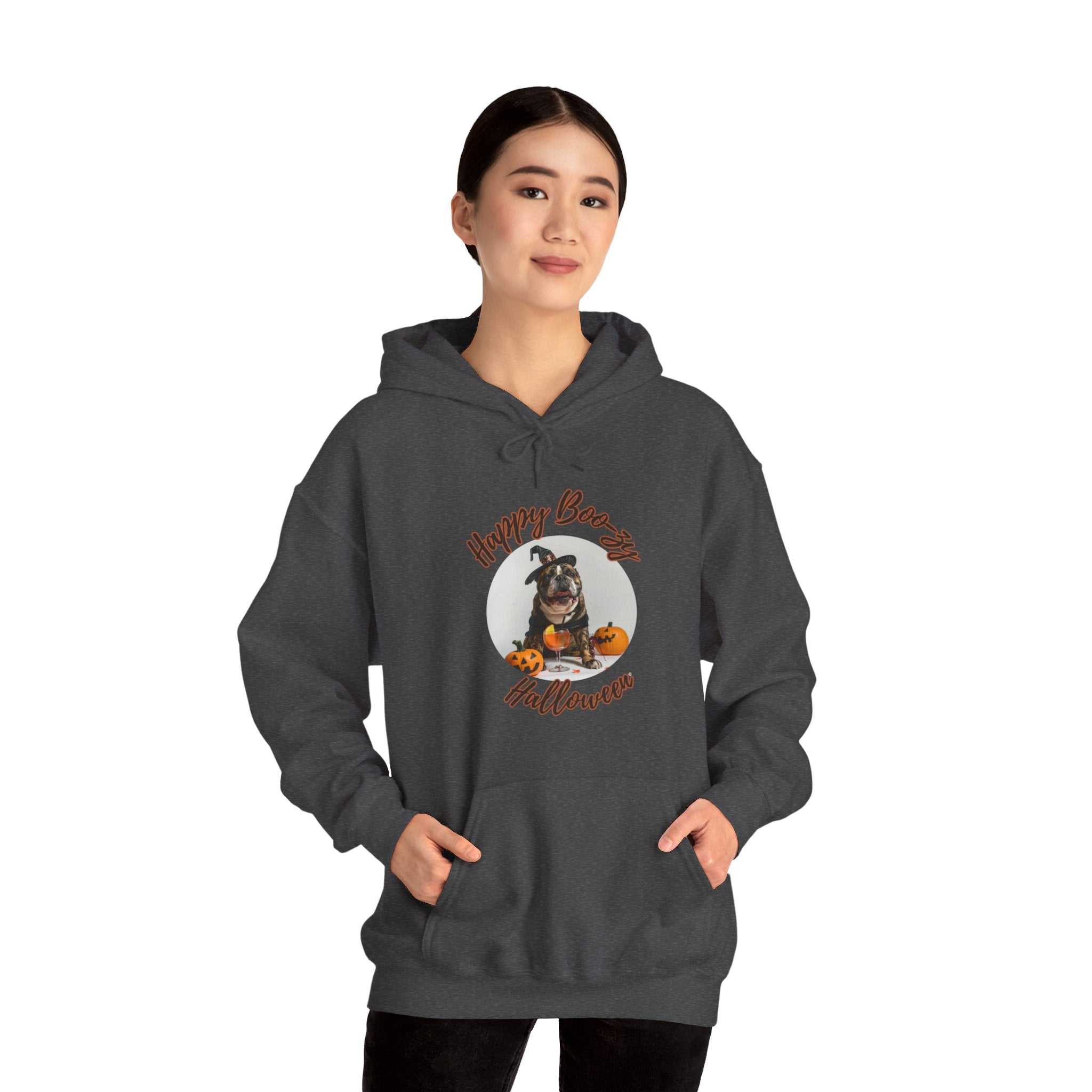 "Happy Boo-zy Halloween" Halloween Bulldog Hoodie (Black/French)