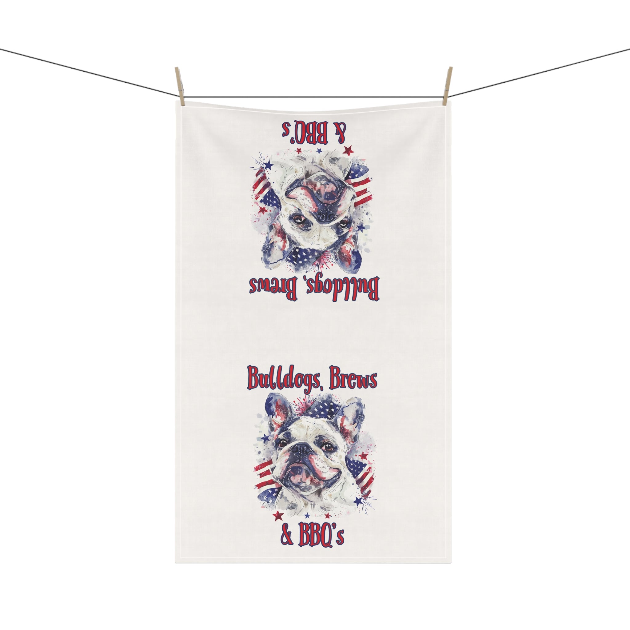 Bulldogs, Brews & BBQs 4th of July Kitchen Towel | Patriotic Bulldog Tea Towel (French)