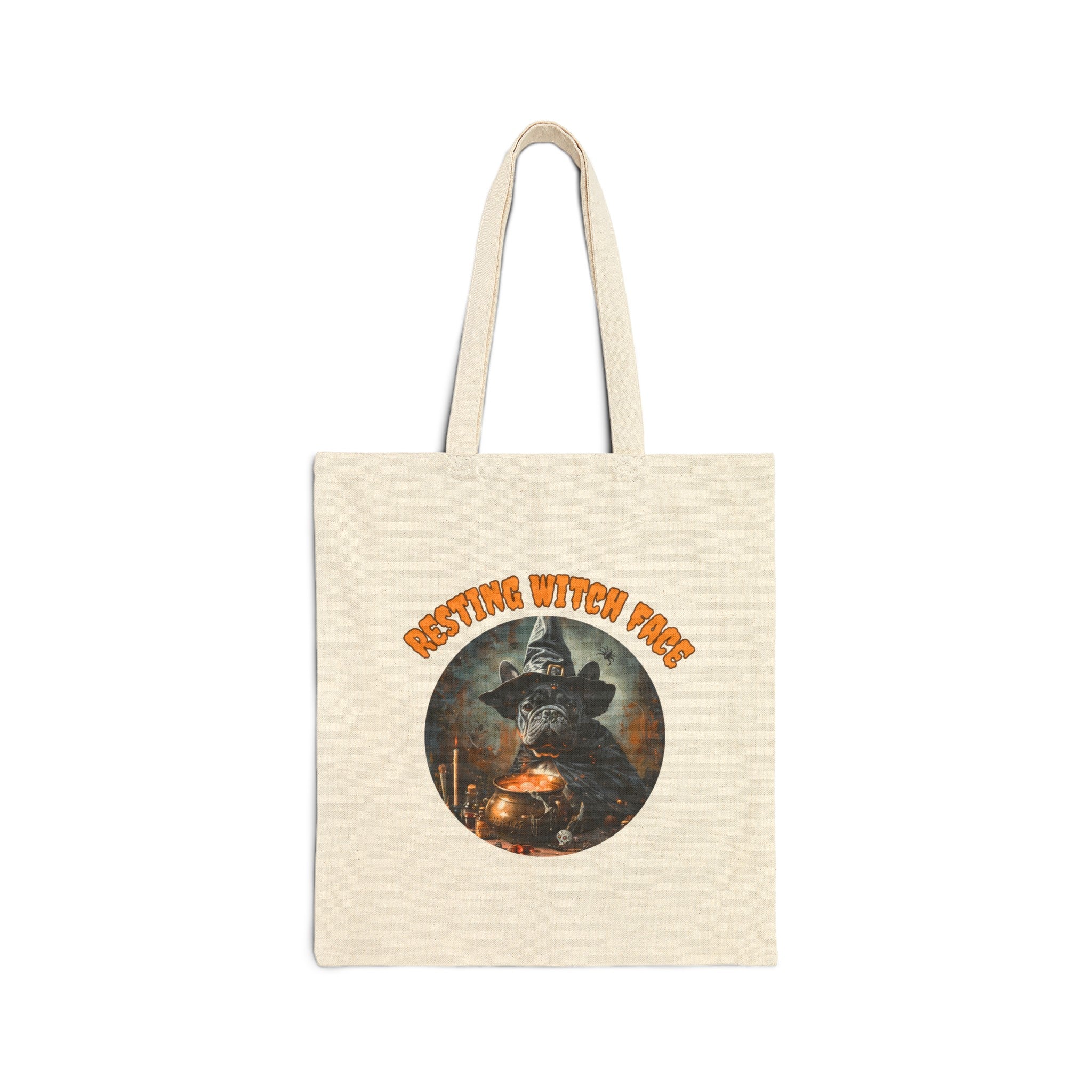 "Resting Witch Face" Trick or Treat Canvas Tote Bag (Tan/English)