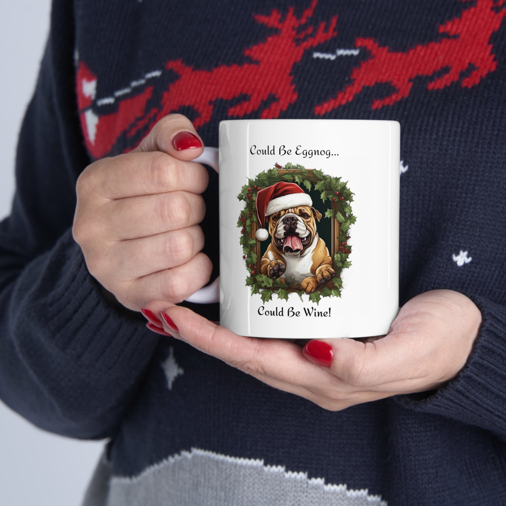 🎄🍷 Tipsy Bully's "Could Be Eggnog... Could Be Wine" Xmas Mugs-English Bulldog 🍷🎄