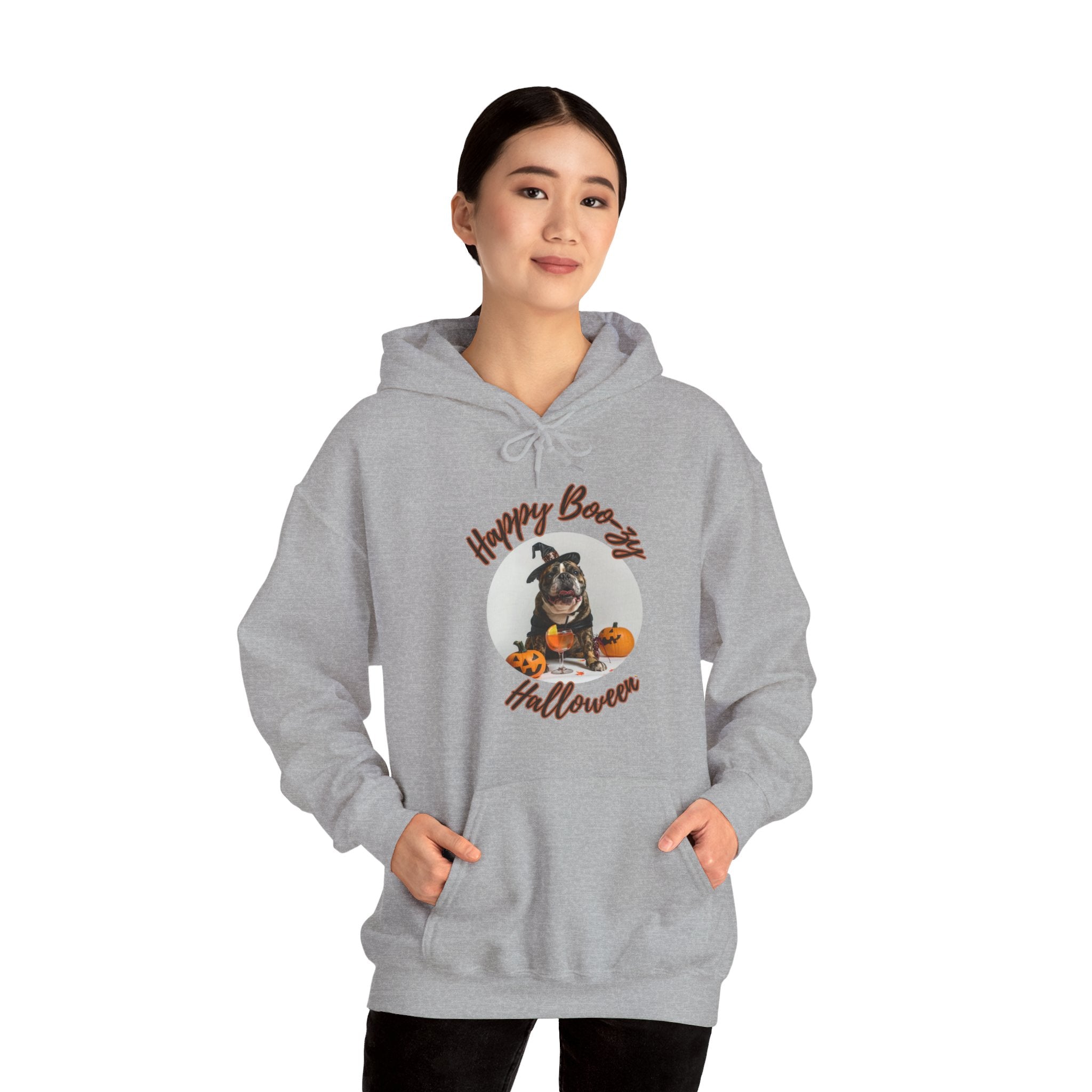 "Happy Boo-zy Halloween" Halloween Bulldog Hoodie (Black/English)