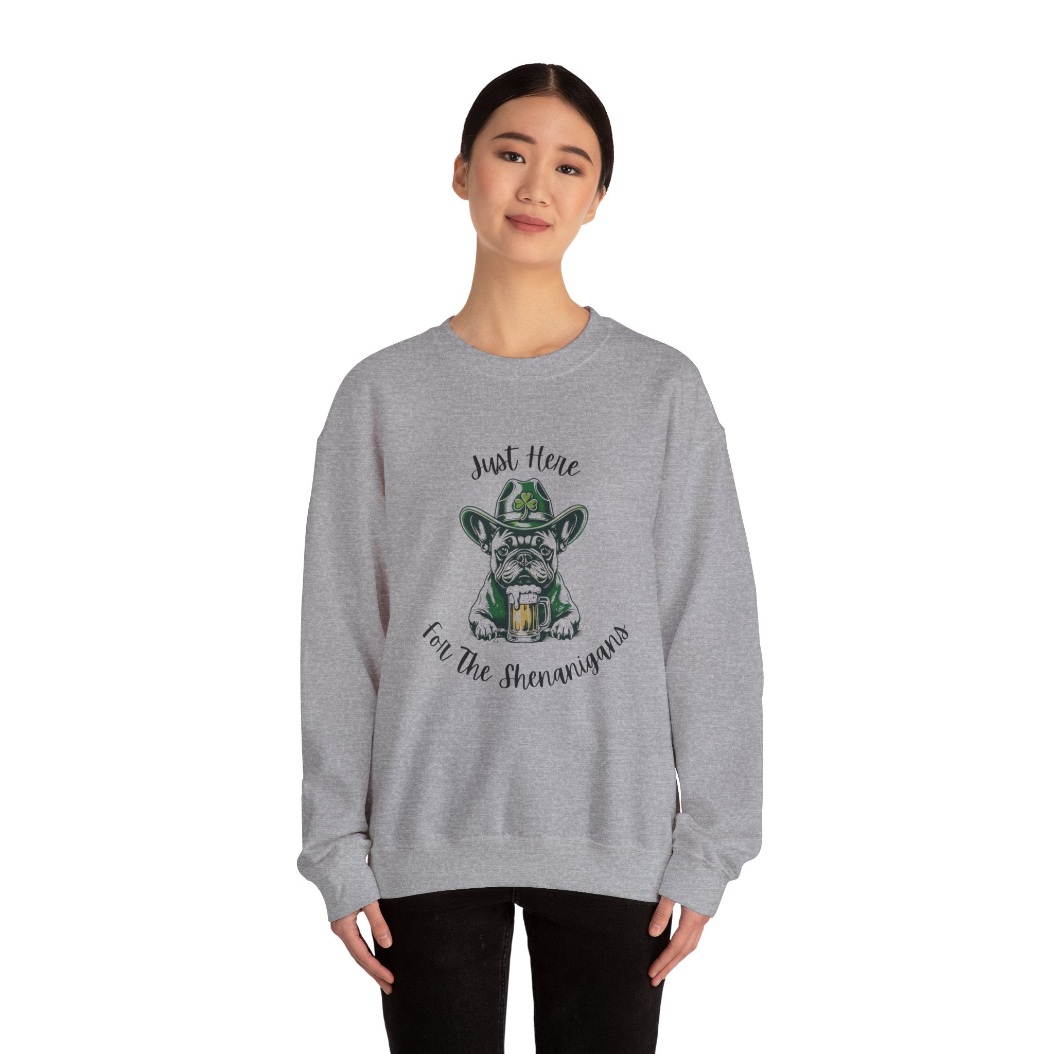 Tipsy Bully St. Patrick's Day Sweatshirt: "Just Here for the Shenanigans" (French)