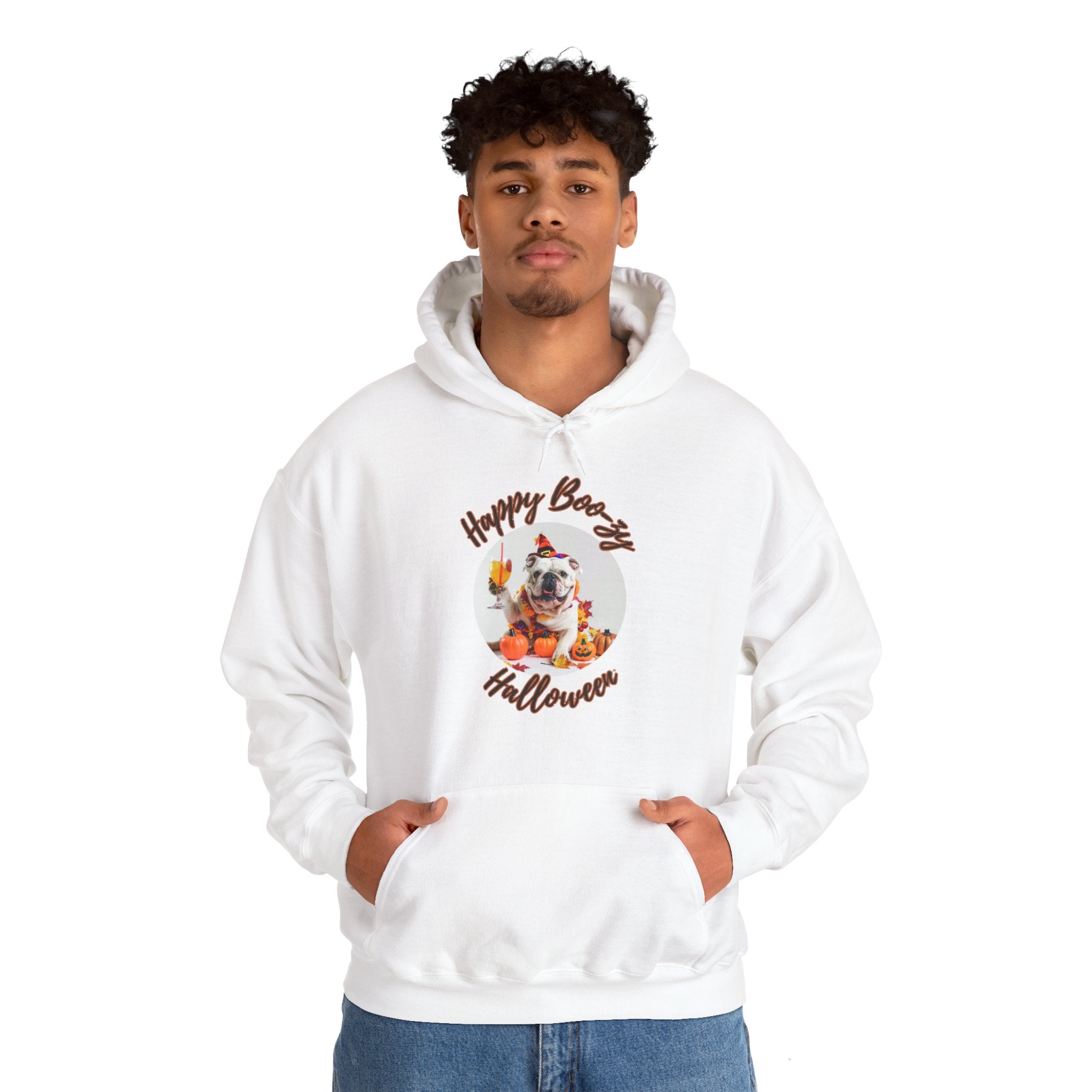 "Happy Boo-zy Halloween" Halloween Bulldog Hoodie (White/English)