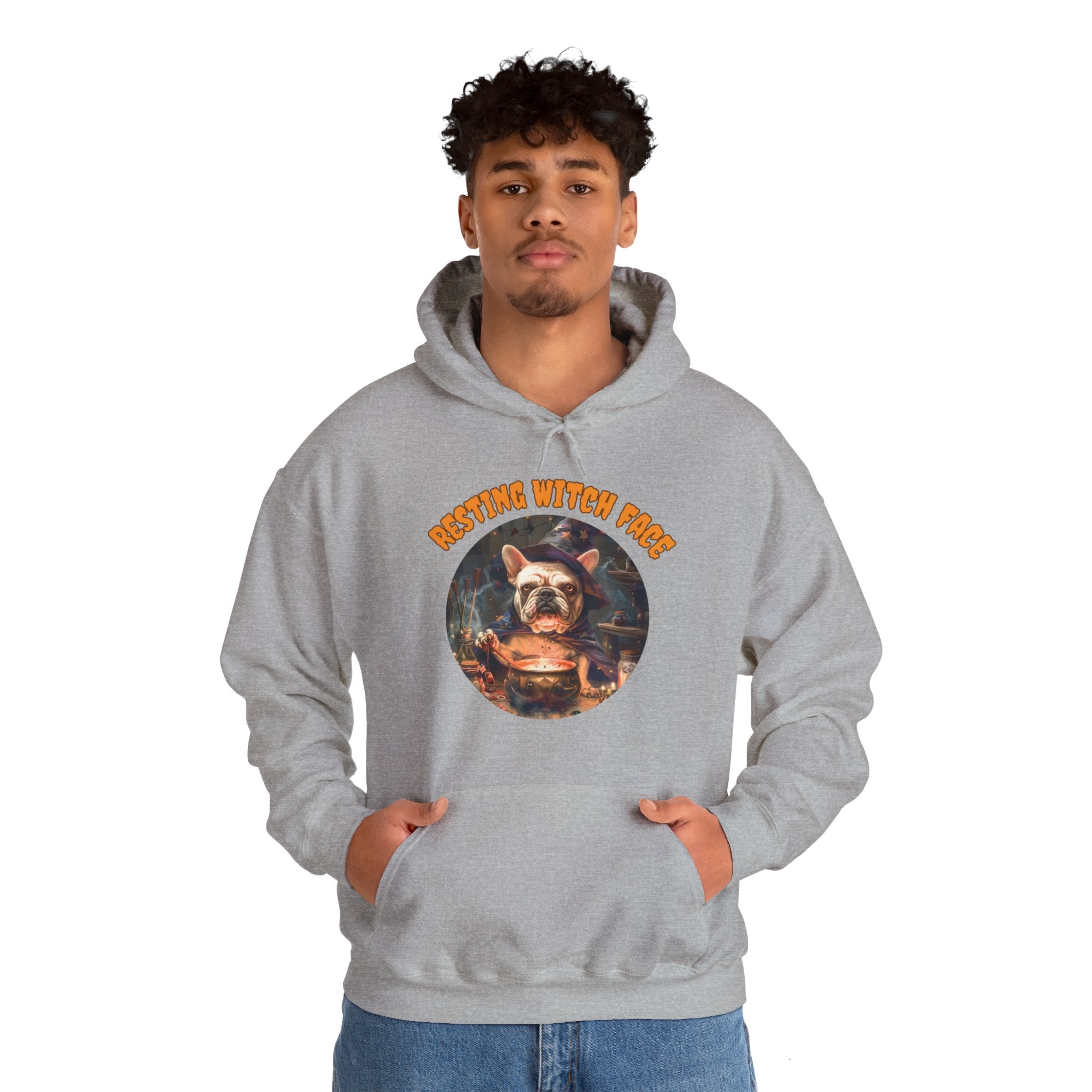 "Resting Witch Face" Halloween Bulldog Hoodie (White/French)