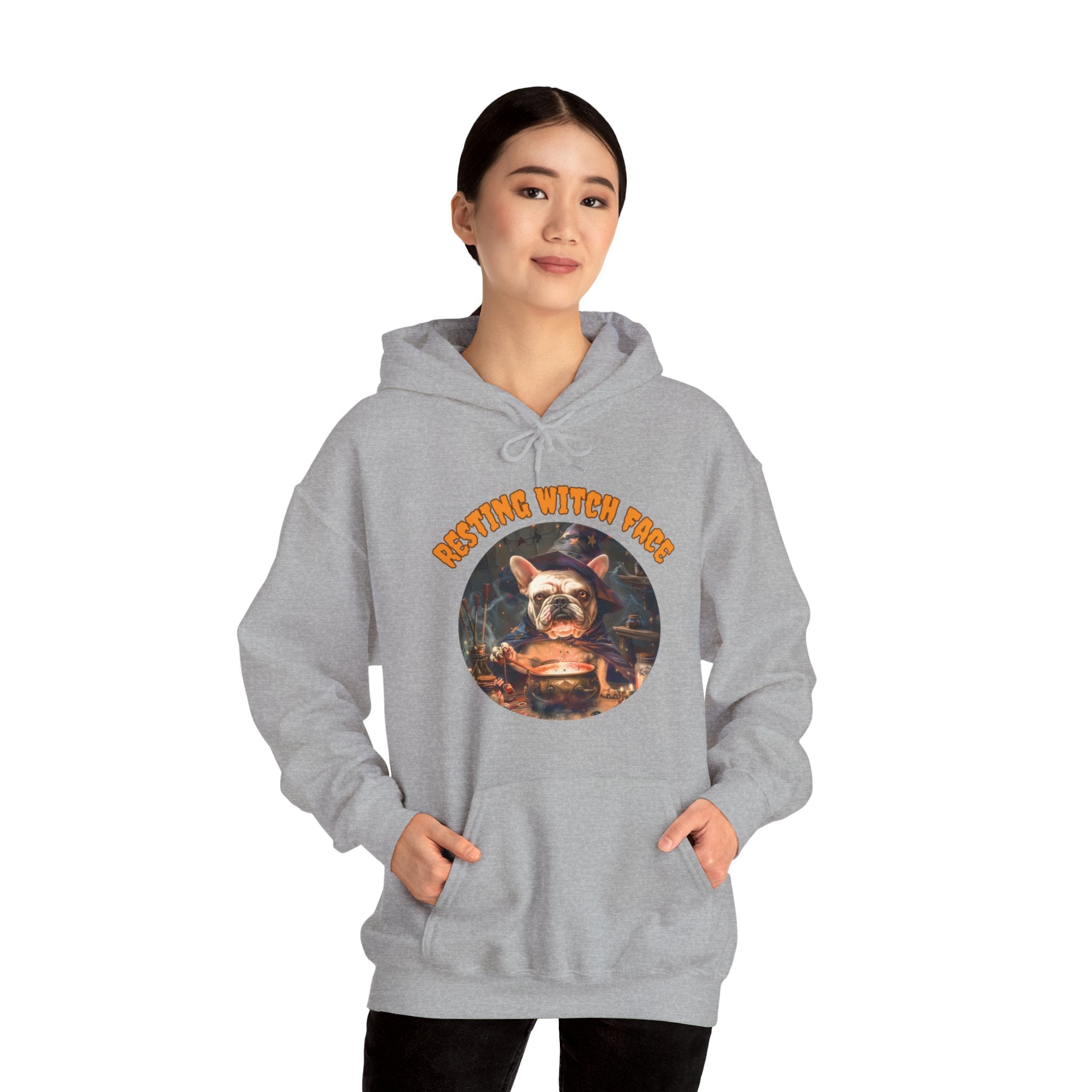 "Resting Witch Face" Halloween Bulldog Hoodie (White/French)