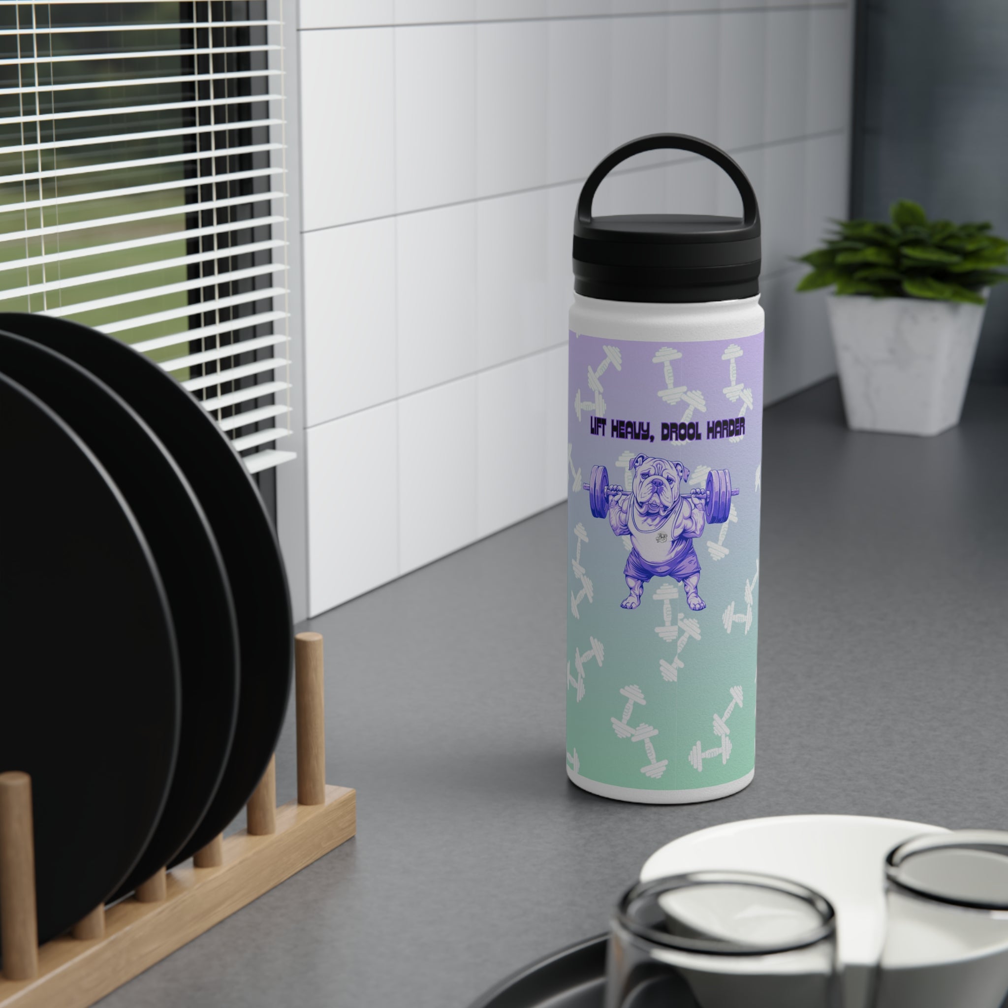 Tipsy Bully Ripped Bulldog Stainless Steel Water Bottle, Handle Lid (English/Purple)