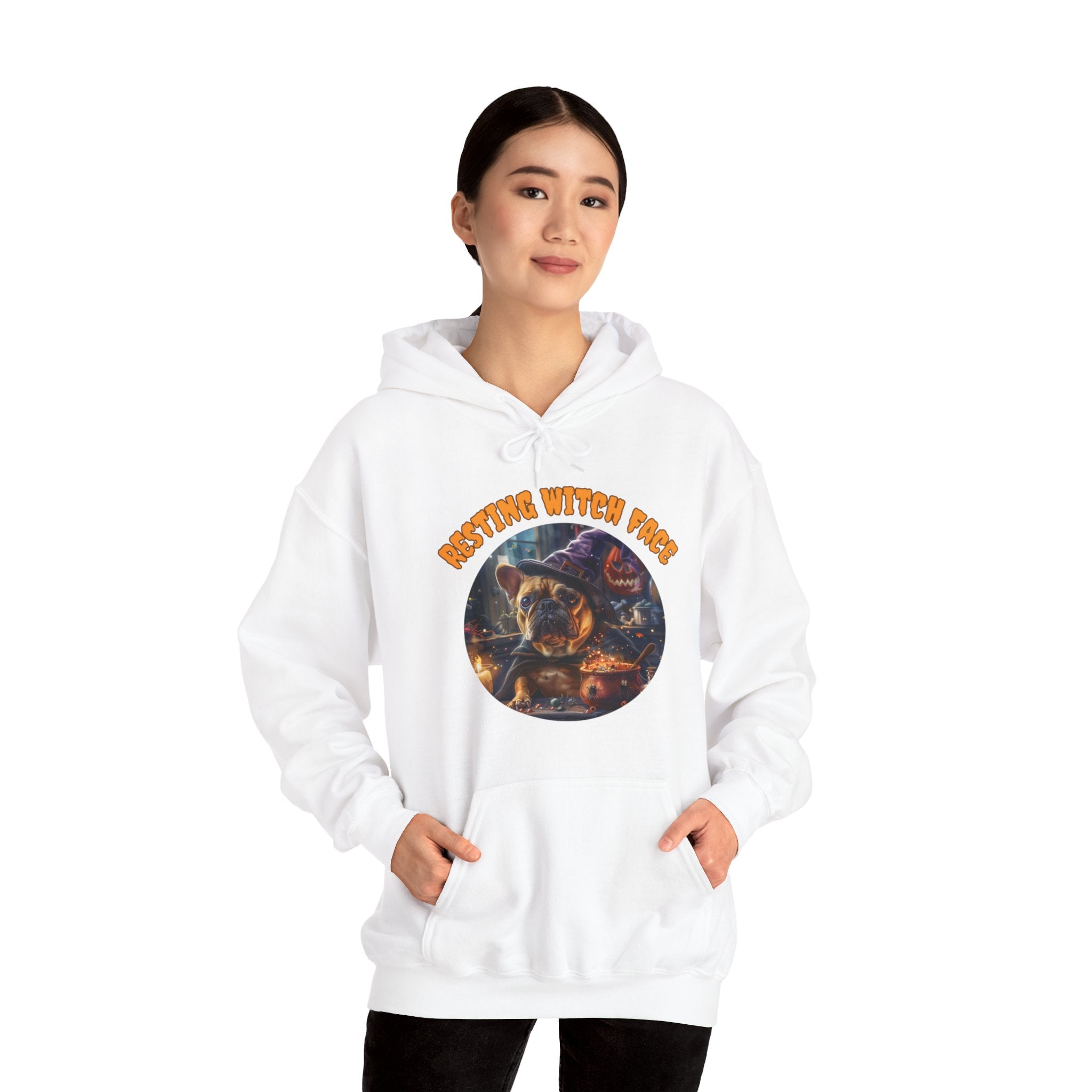 "Resting Witch Face" Halloween Bulldog Hoodie (Tan/French)