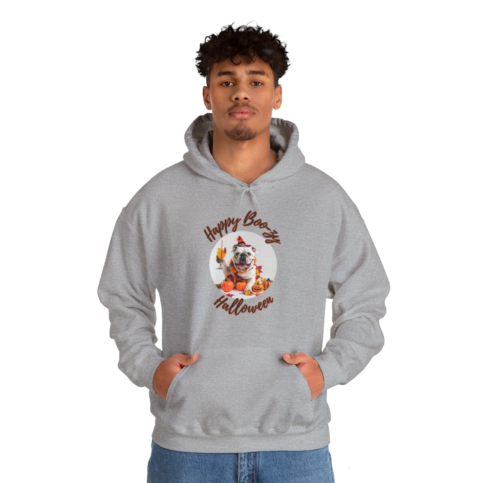 "Happy Boo-zy Halloween" Halloween Bulldog Hoodie (White/English)