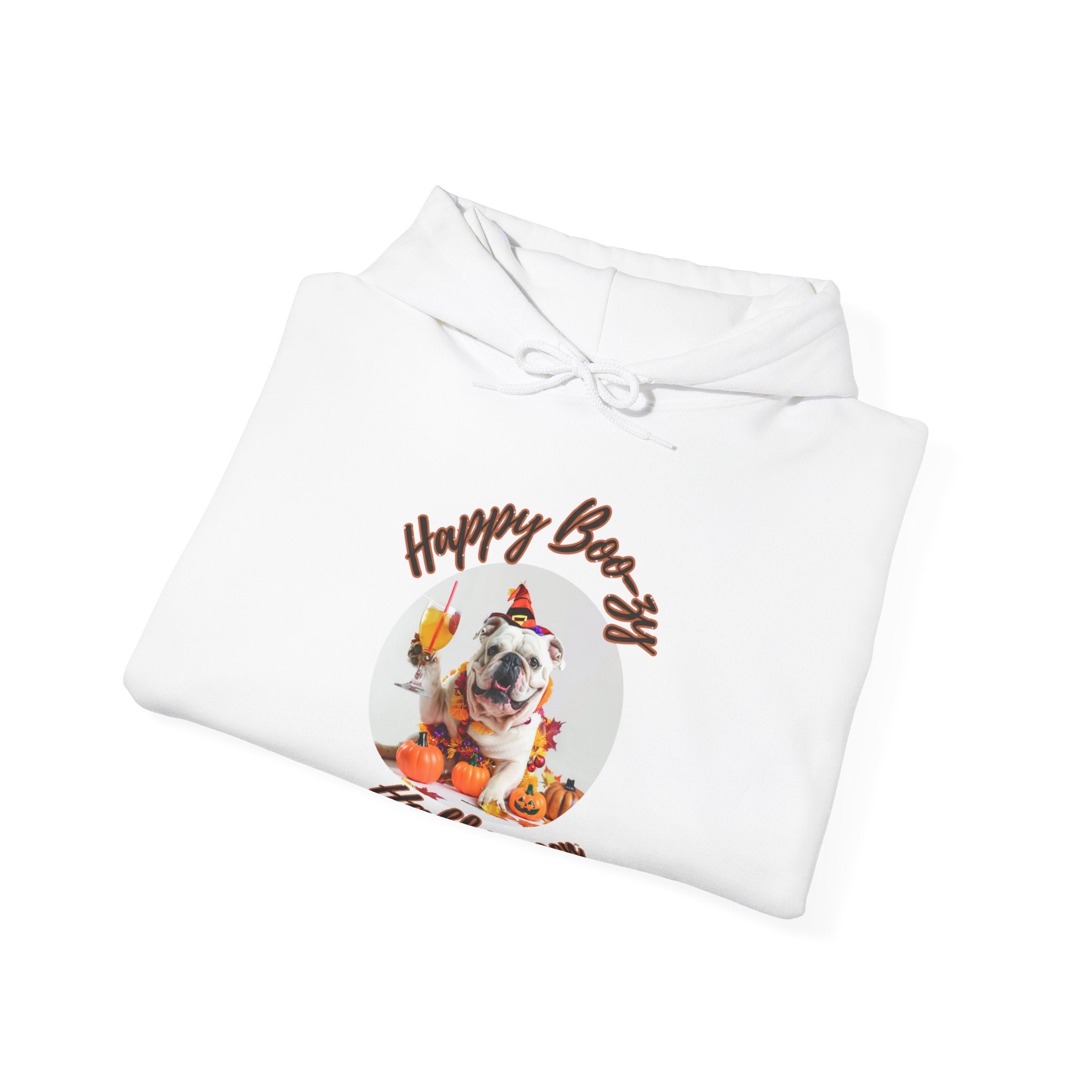 "Happy Boo-zy Halloween" Halloween Bulldog Hoodie (White/English)