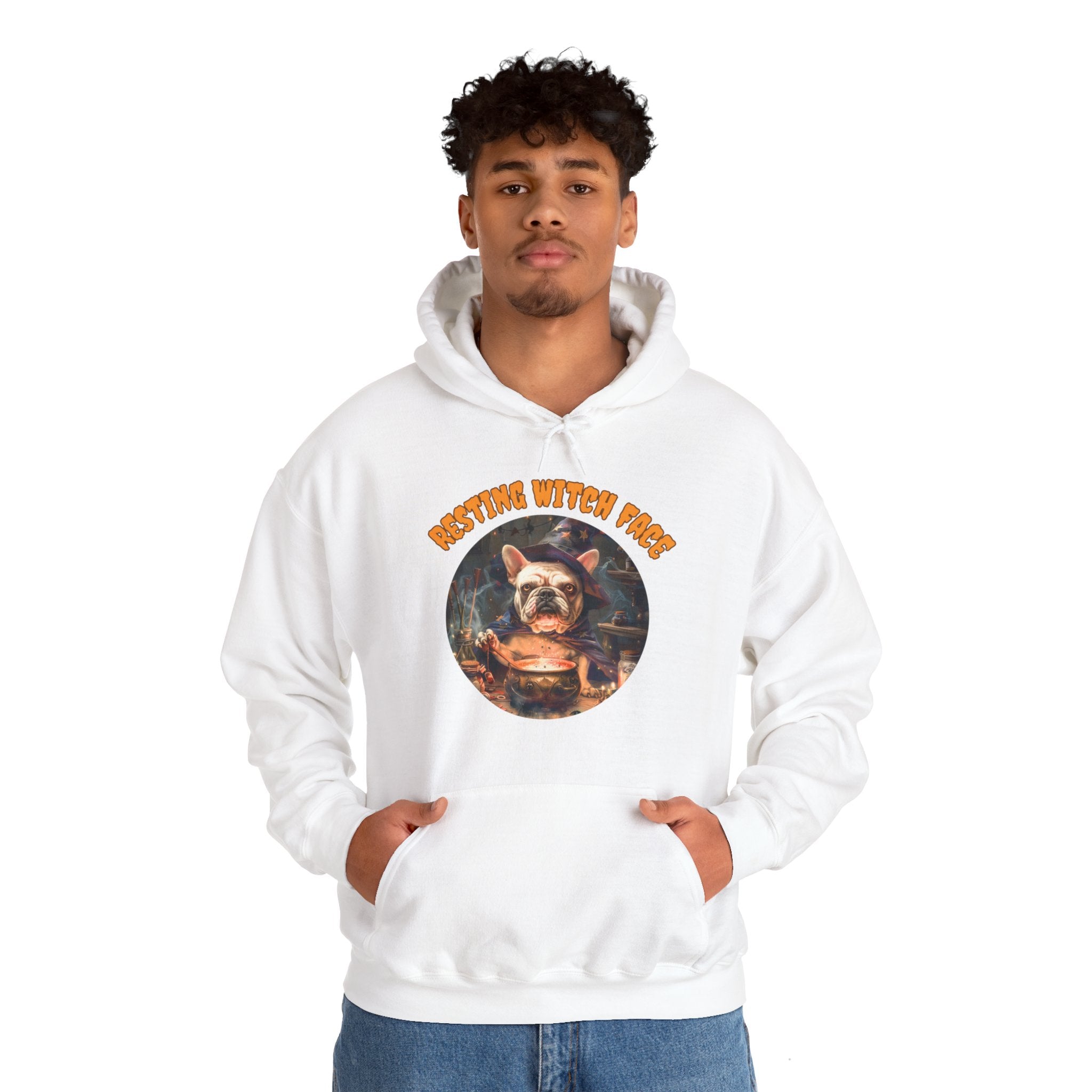 "Resting Witch Face" Halloween Bulldog Hoodie (White/French)