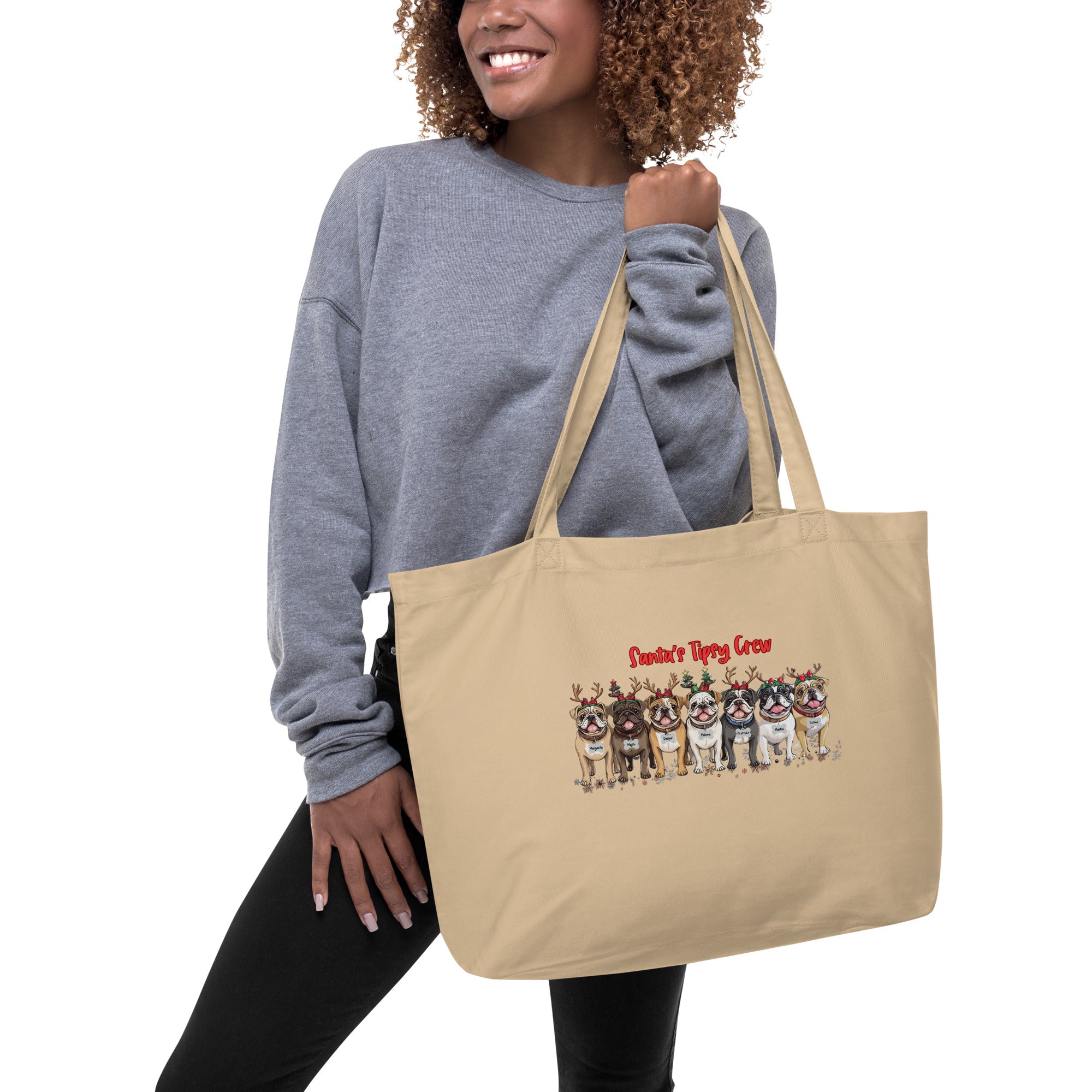 "Santa’s Tipsy Crew" Large Organic Tote Bag - English