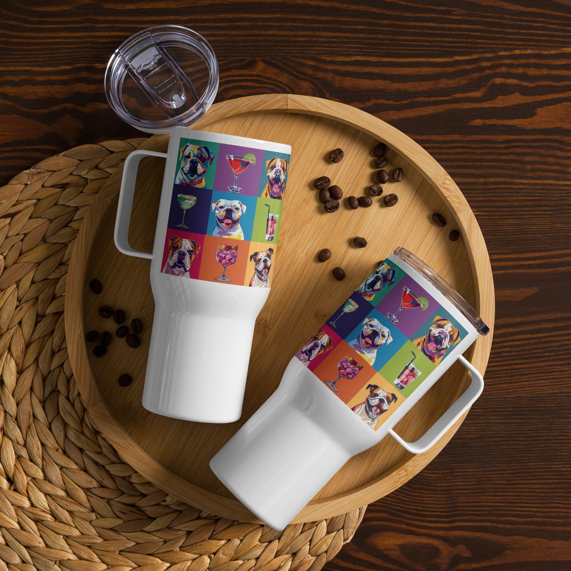 Pup & Sip Pop Art Travel mug with a handle (English)