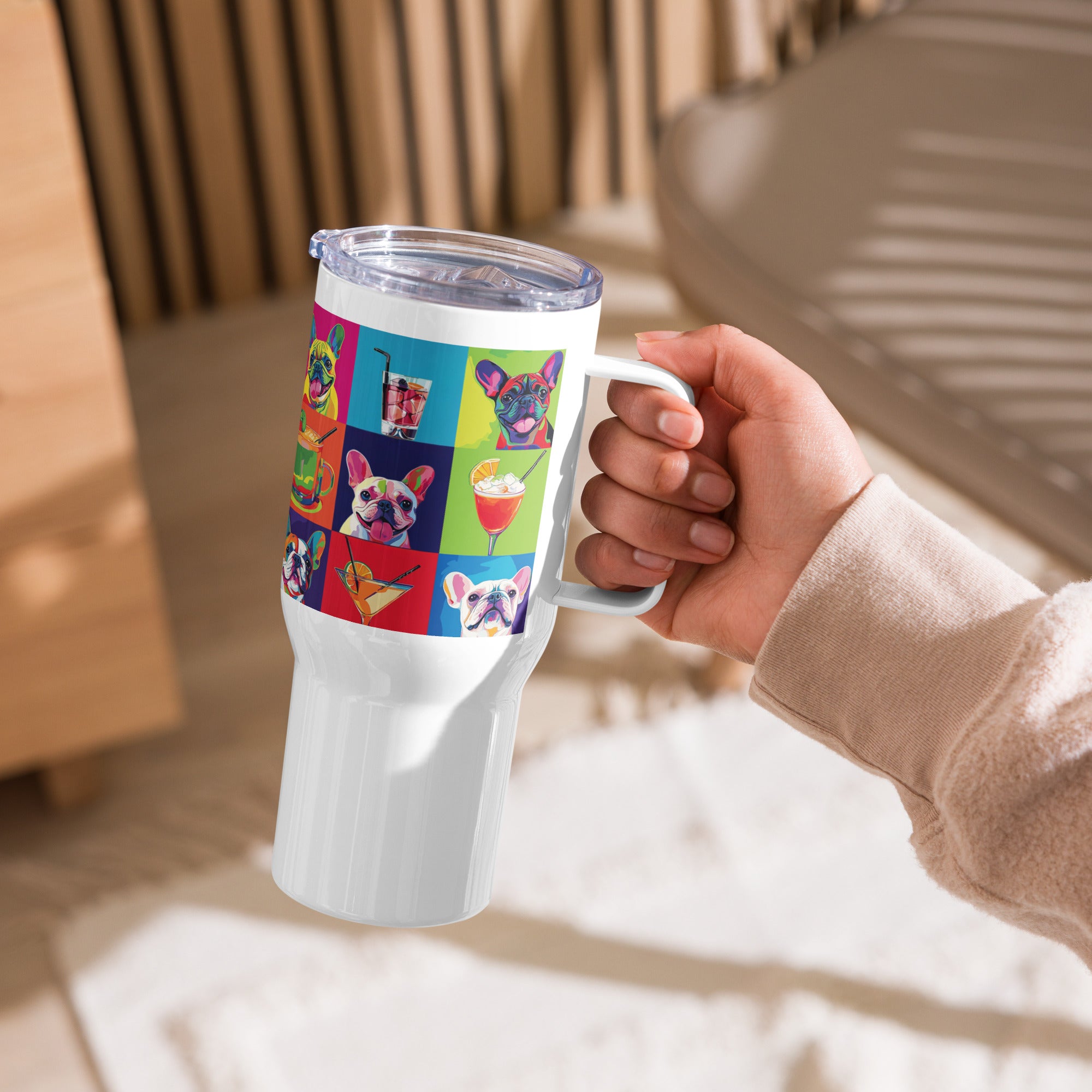 Pup & Sip Pop Art Travel mug with a handle (French)