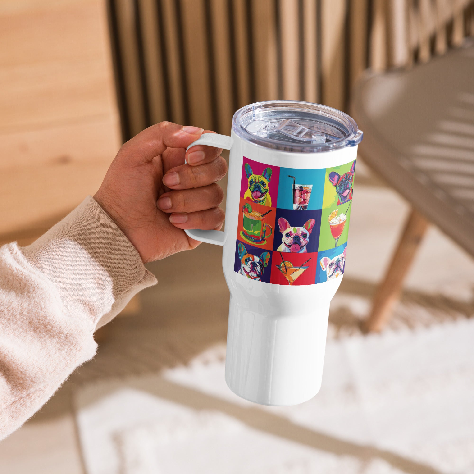 Pup & Sip Pop Art Travel mug with a handle (French)