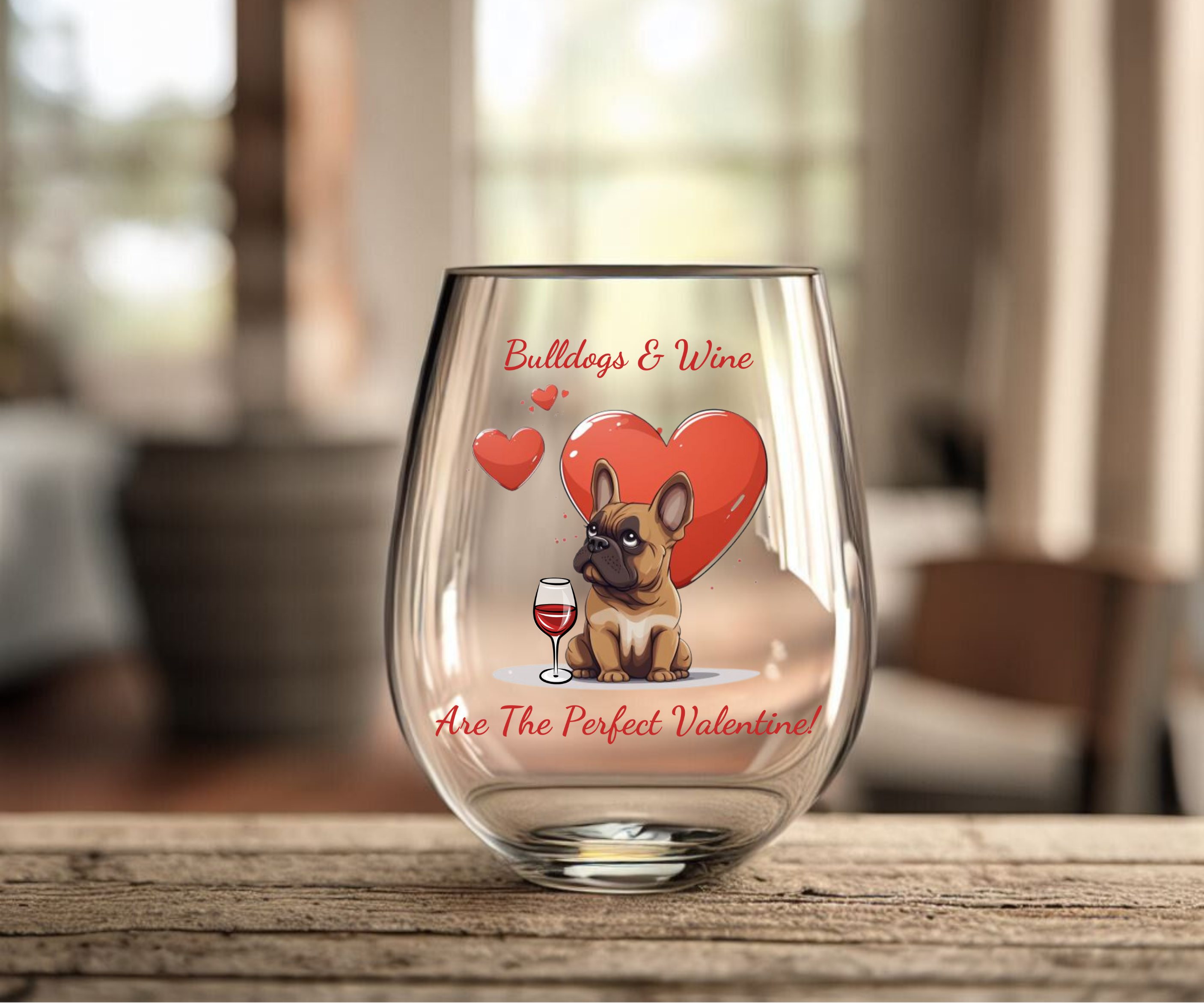 Bulldogs & Wine Are the Perfect Valentine! Stemless Wine Glass - brown French