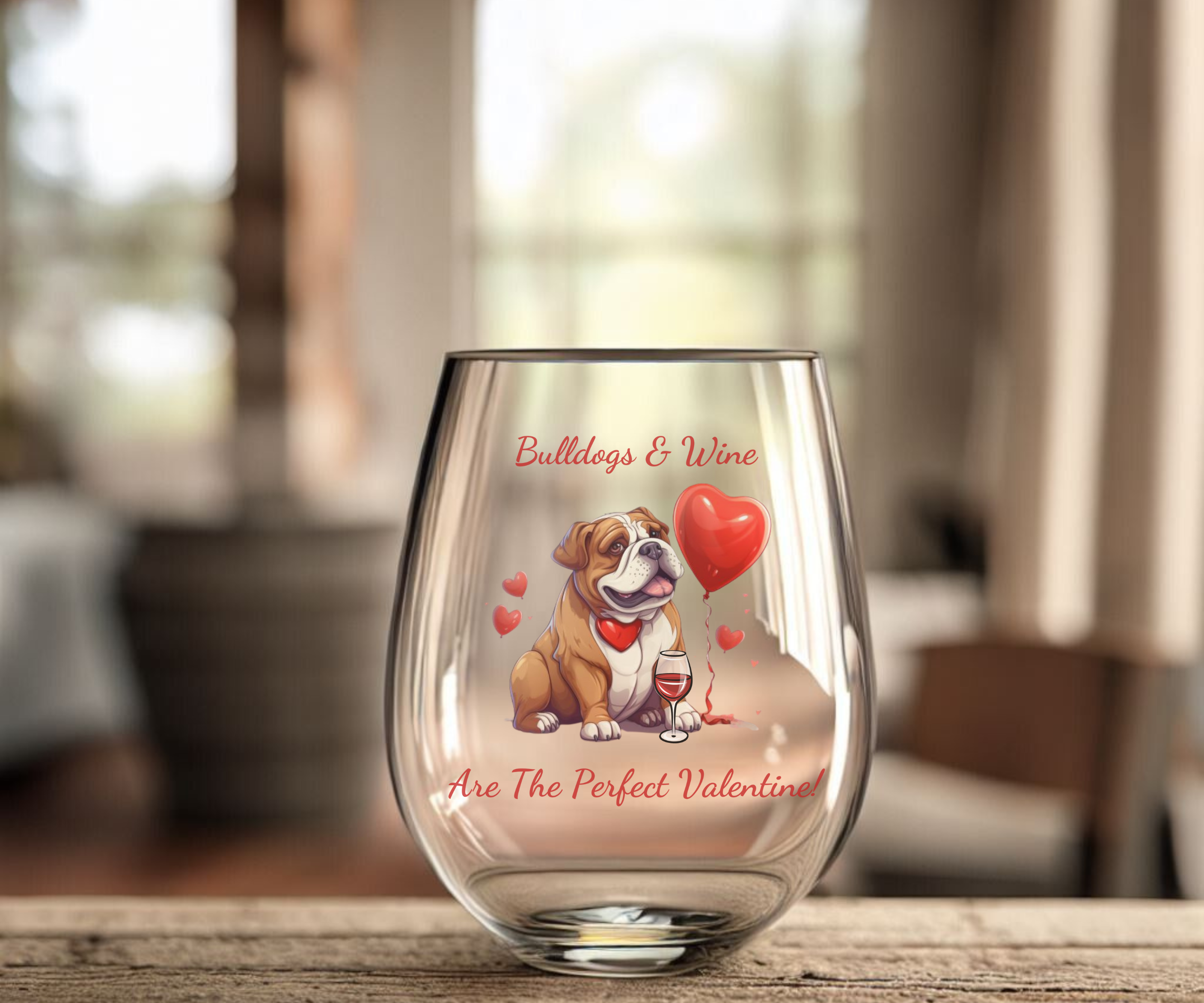 Bulldogs & Wine Are the Perfect Valentine! Stemless Wine Glass - Brown English