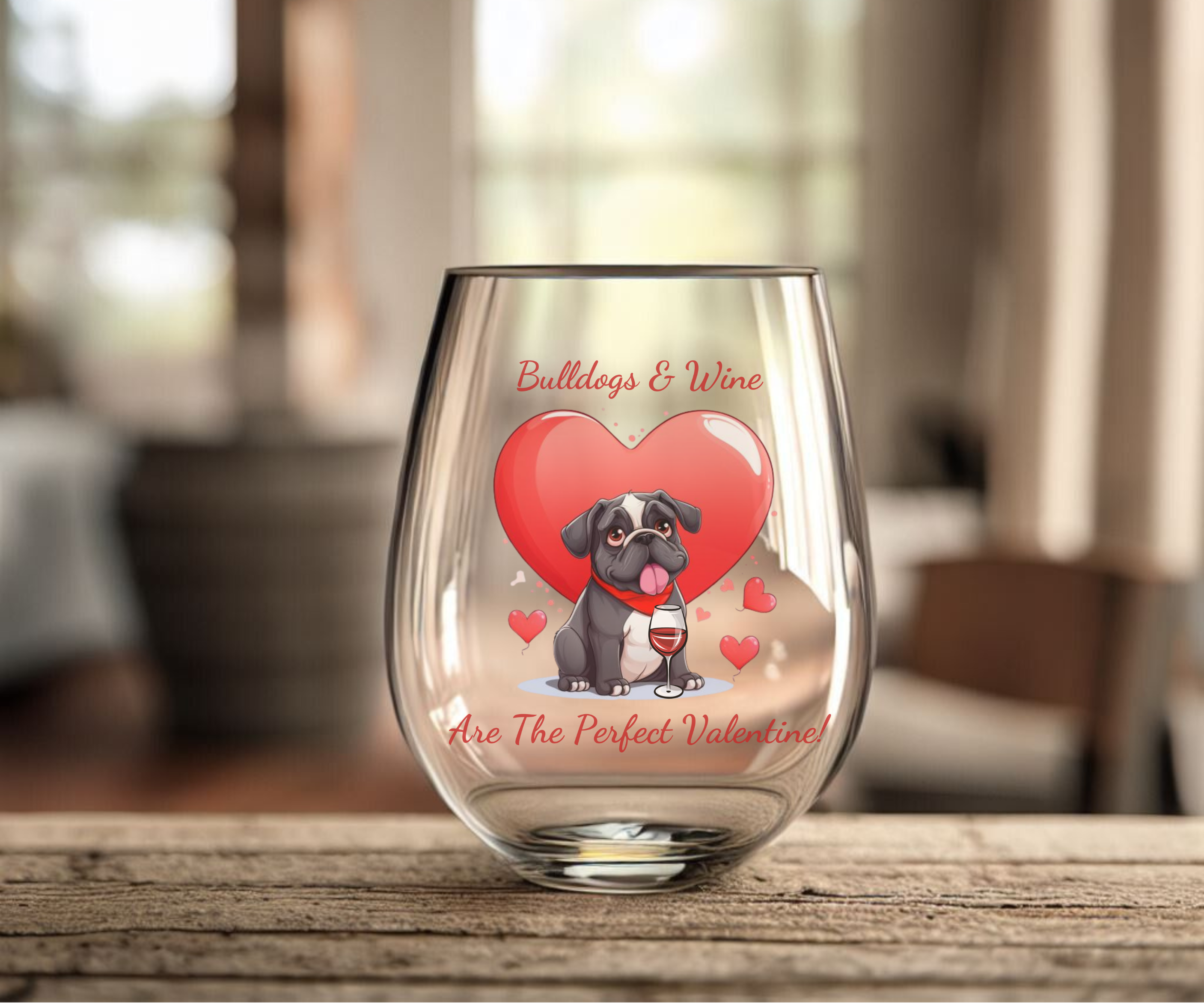 Bulldogs & Wine Are the Perfect Valentine! Stemless Wine Glass - Black English